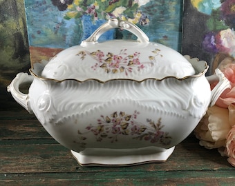 Antique Limoges Porcelain Soup Tureen, French Floral Bird Motif