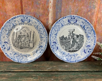 Platos antiguos de Juana de Arco – Loza Digoin, decoración histórica francesa – Juego de 2