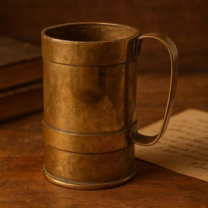 May include: A vintage brass mug with a large handle. The cylindrical body is accented with horizontal bands. The mug has a warm, aged patina, suggesting it is an antique. The mug is likely used for drinking.