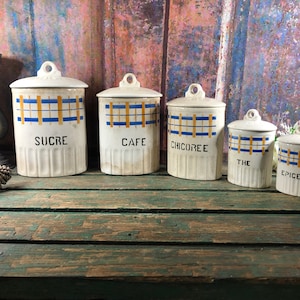 5 Vintage Enamel Kitchen Art Deco Canisters