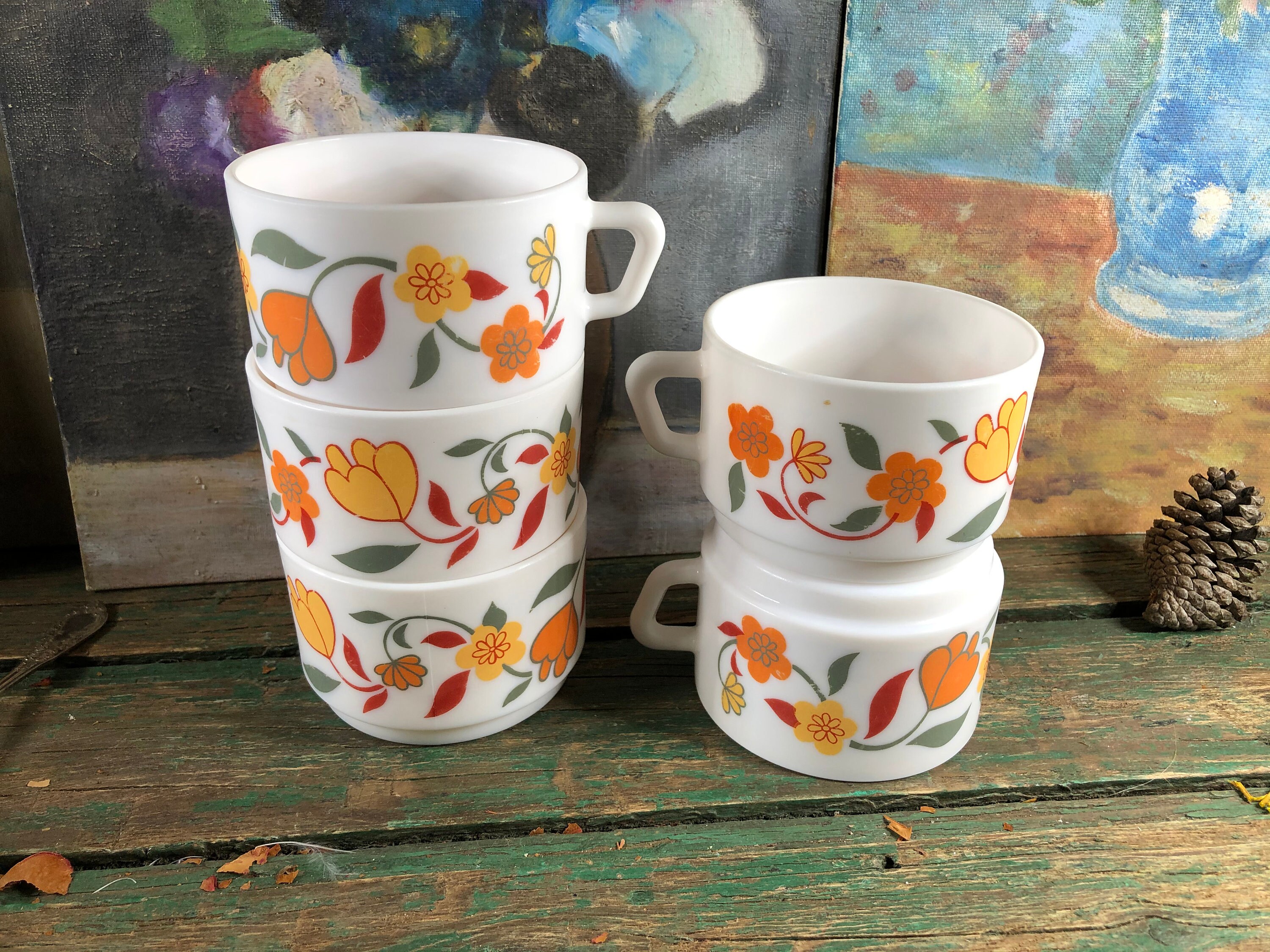 5 Tasses Vintage Orange Arcopal à Fleurs
