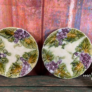 Pair of Antique Majolica Plates - Choisy-le-Roi, Rose Grape Cluster Design