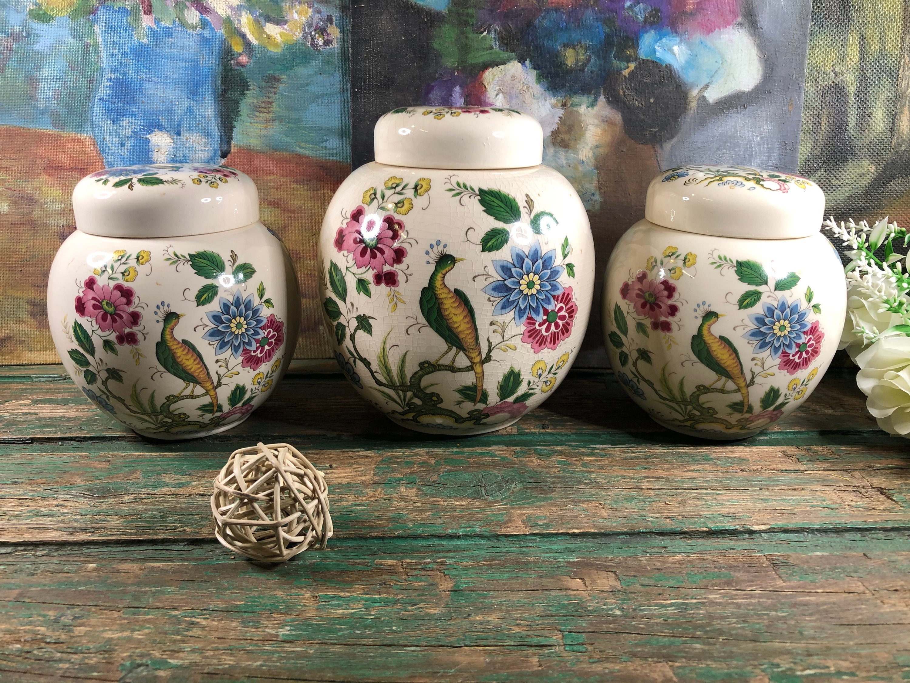 Ensemble de 3 Pots à Faience Anglaise Décor Fleur et Paon, Pot Épice, Gingembre, Thé