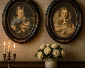 Grabados franceses del siglo XIX: Niños con mascotas. Marcos antiguos negros y dorados de Napoleón III.
