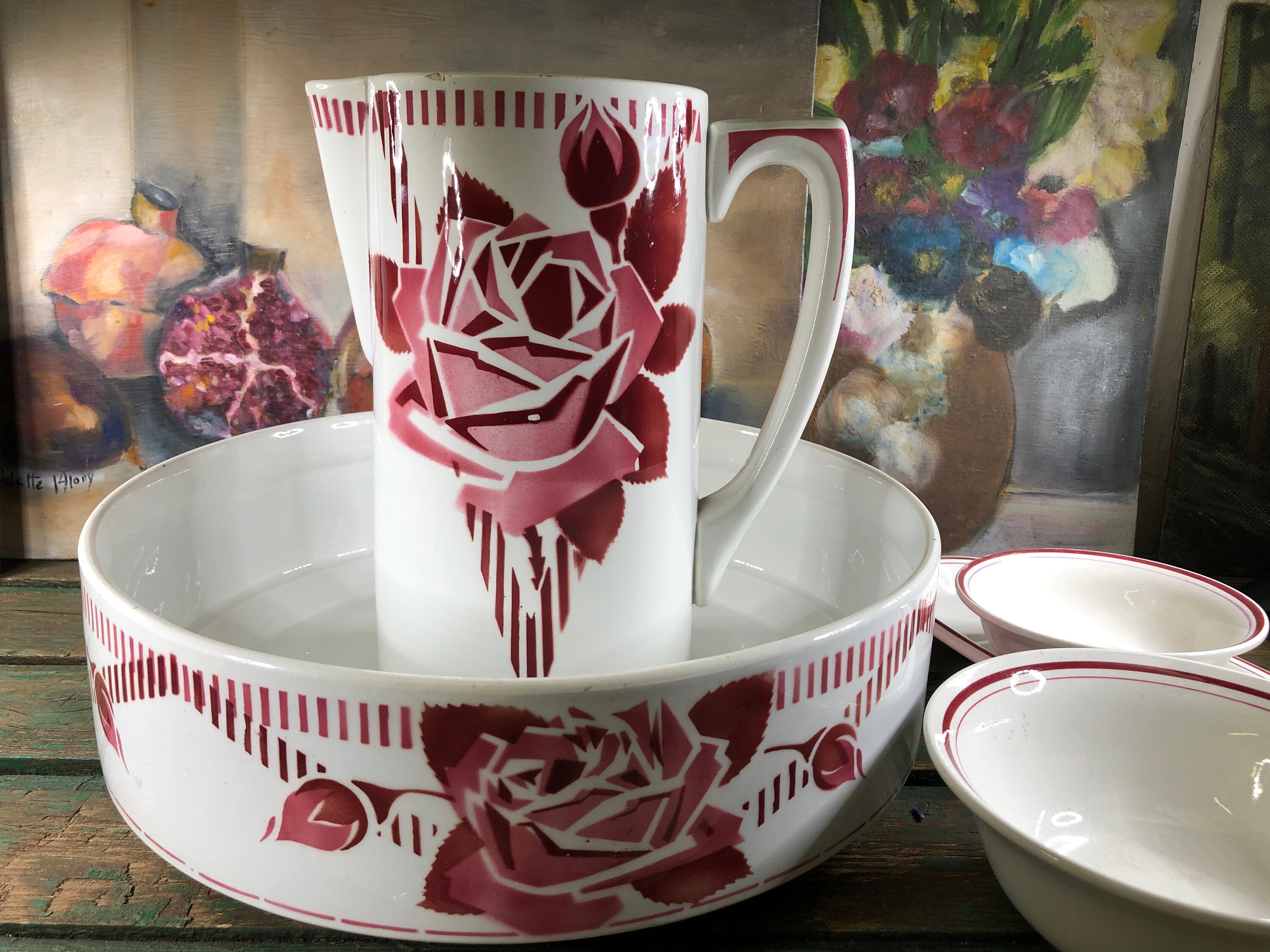 6 Assiettes Creuses Saint Amand Art Déco - Faïence Rouge Et Bleu, Occasion Bon état