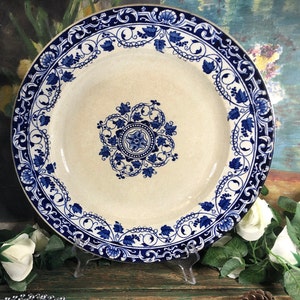 Antique French Large round serving platter blue and white Jules Vieillard model Louis XV 1850