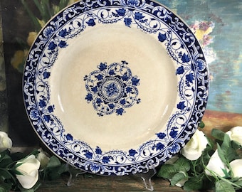 Antiek Frans Grote ronde serveerschaal blauw en wit Jules Vieillard model Louis XV 1850