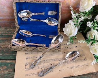 Vintage Silver Plated Dessert Spoons Set – 1940s USSR, Floral Art Deco