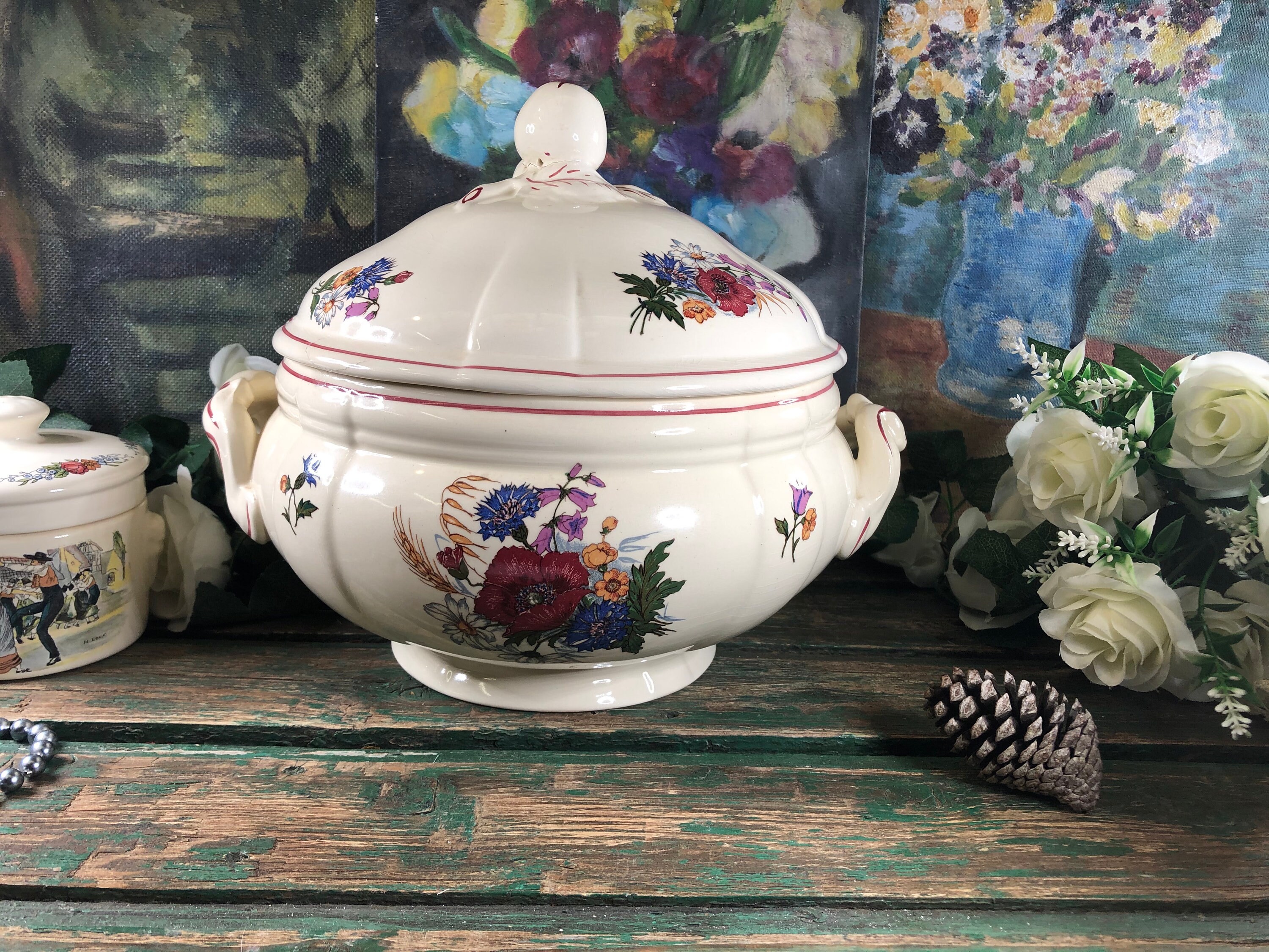 Soupière Vintage Beige avec Bouquet de Fleurs Digoin Sarreguemines Modèle Agreste