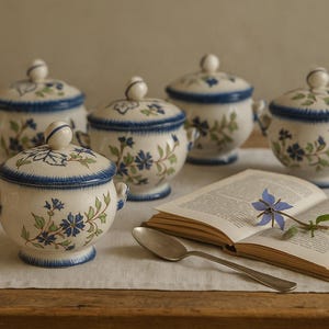 Puede incluir: Conjunto de azucareros de cerámica con tapas, con diseños florales azules y blancos. Un libro abierto y una cuchara se encuentran sobre un paño blanco. La escena evoca una estética vintage y campestre.