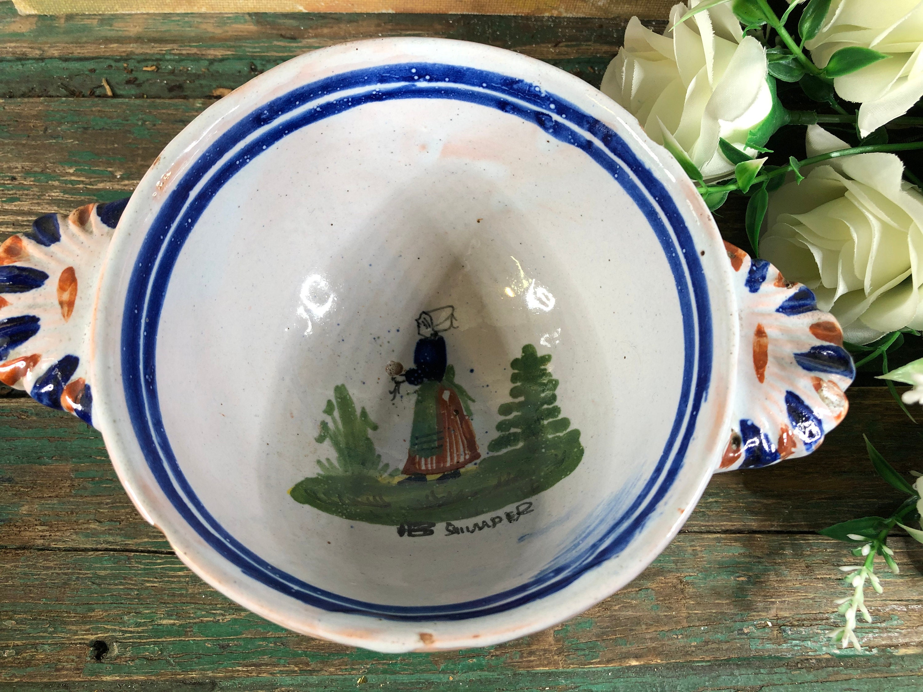 Ancien Bol à Oreille Breton Hb Quimper Femme