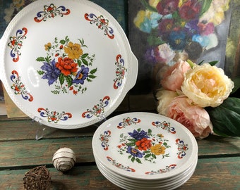Französisches Vintage Dessert Set, Moulin des Loups Blumenplatte & Teller