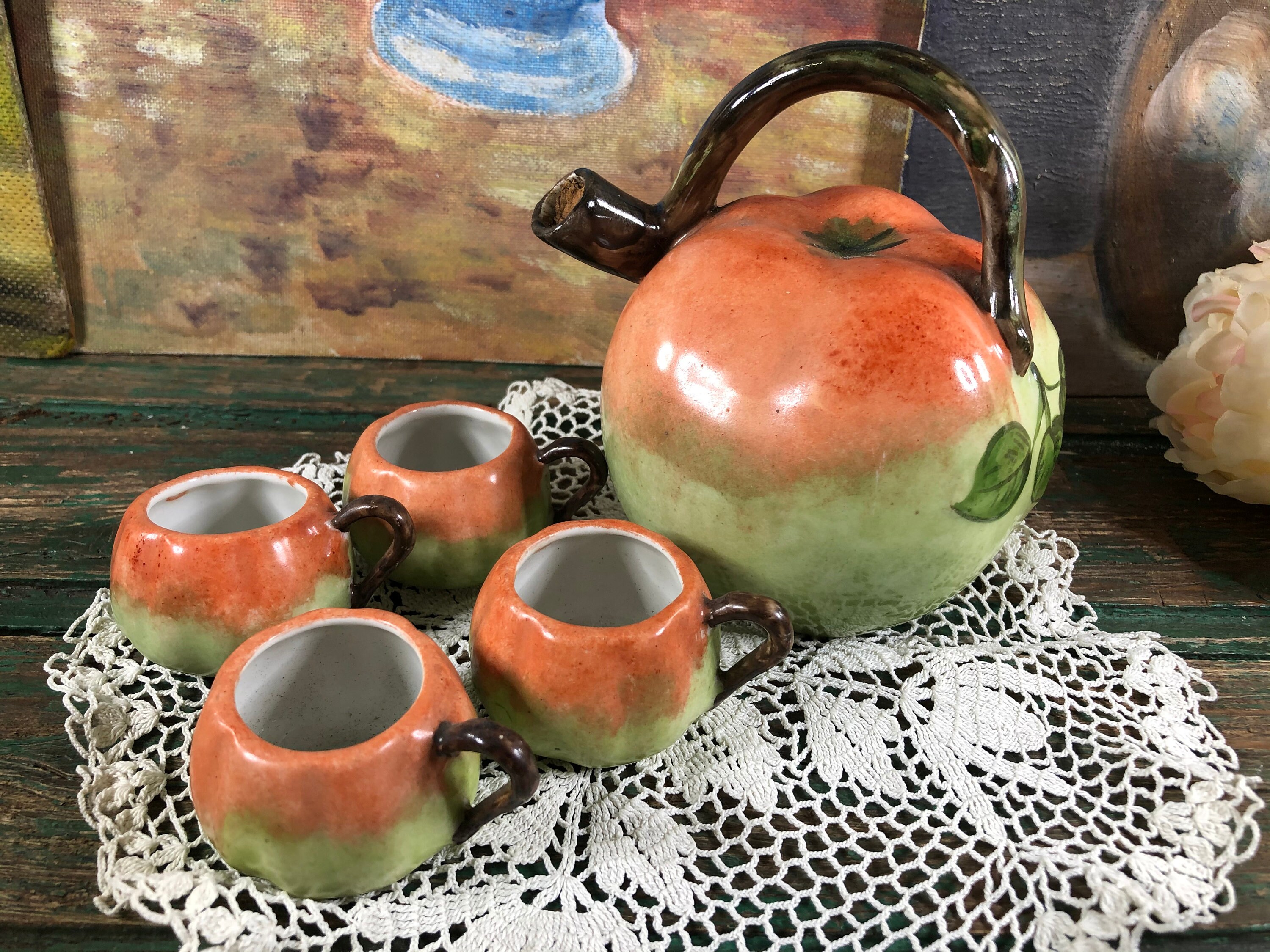 Service Liqueur Pomme de Limoges, Barbotine Pomme, Bouteille Calvados Pomme