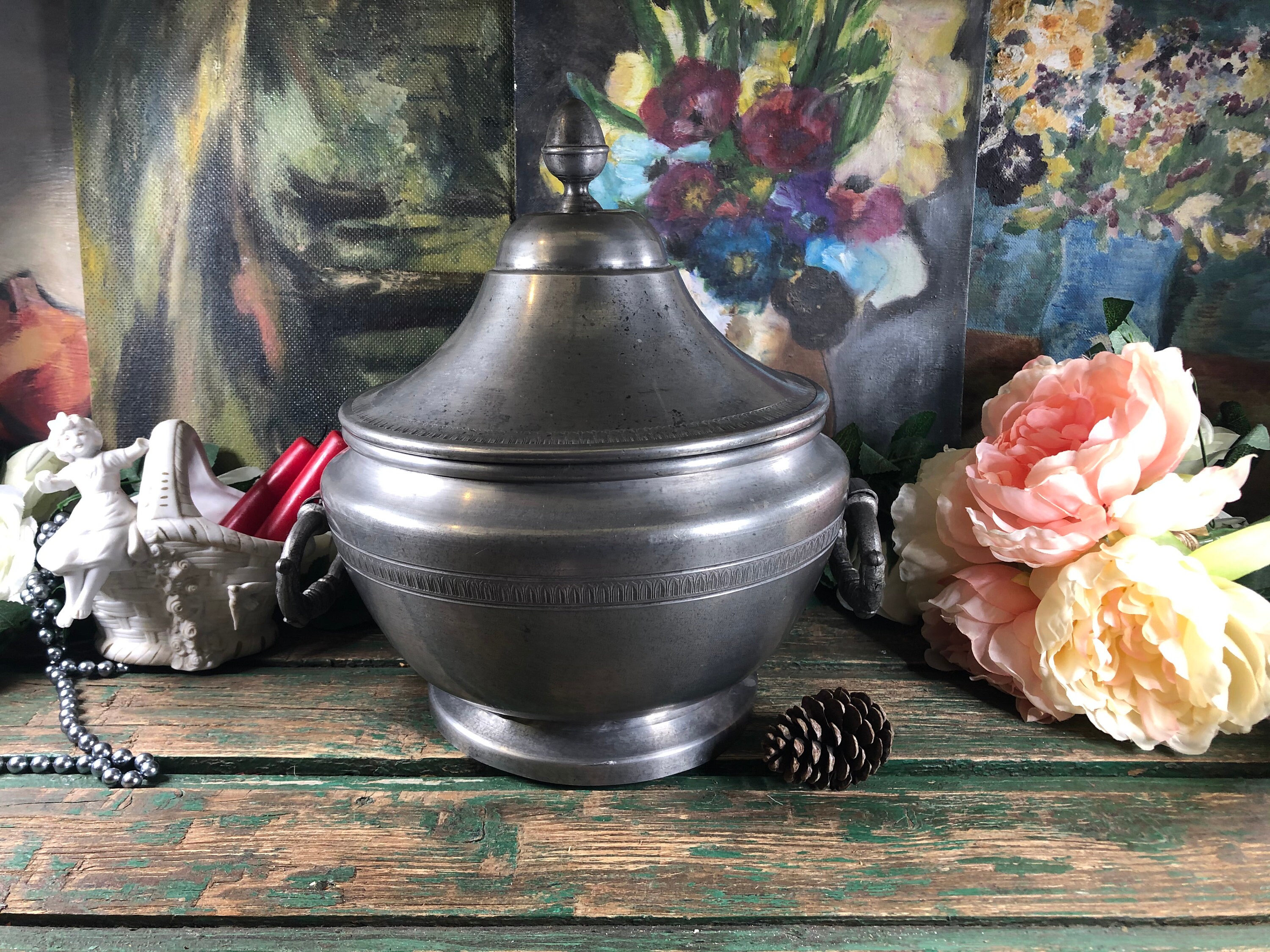 Soupière Vintage en Étain Shabby Chic 19Ème Travail Nord de La France