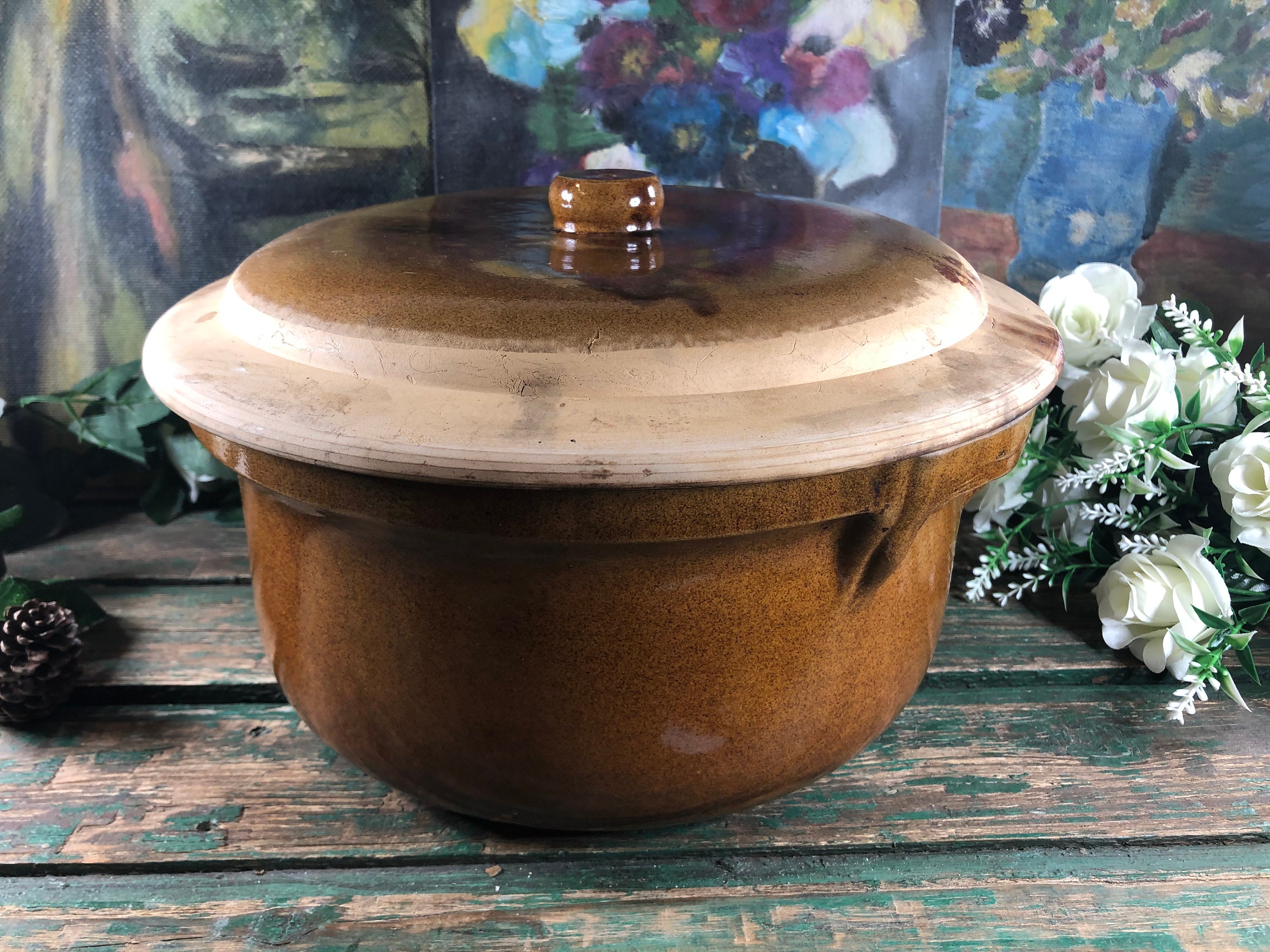 Clay Baker w/ Lid Vegetable Embossed Motif' Vintage Terra Cotta