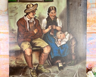 Pintura al óleo vintage firmada: Escena de pueblo rural, de Lucien Herckhove, 1946 – Arte rural europeo