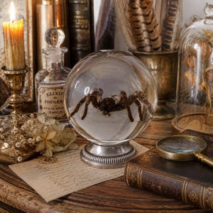 Op de afbeelding: Een geconserveerde spin in een heldere glazen bol, geplaatst op een zilverkleurige voet. De bol is omgeven door antieke boeken, een brandende kaars en vintage apothekersflessen, wat een gotische of Victoriaanse esthetiek creëert.