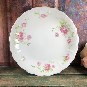 Large round serving platter in Limoges porcelain white with pink flowers Christmas dish platter