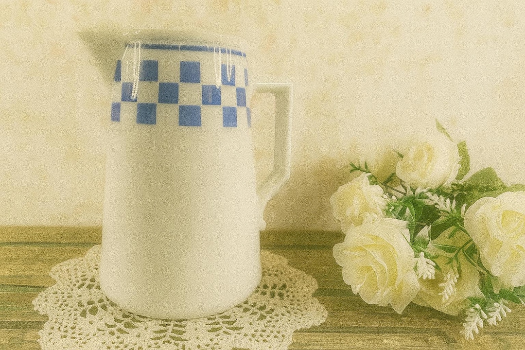Vintage French KG Luneville Pitcher – Blue & White Checkered 