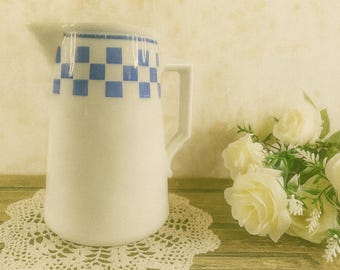 Vintage French KG Luneville Pitcher – Blue & White Checkered "Lustucru" Design
