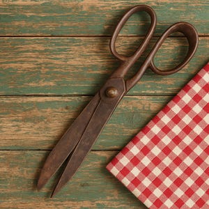 May include: Large, antique-style scissors with brown handles and blades, resting on a weathered green wooden surface. A red and white checkered cloth is in the corner. The scissors appear to be vintage or rustic.