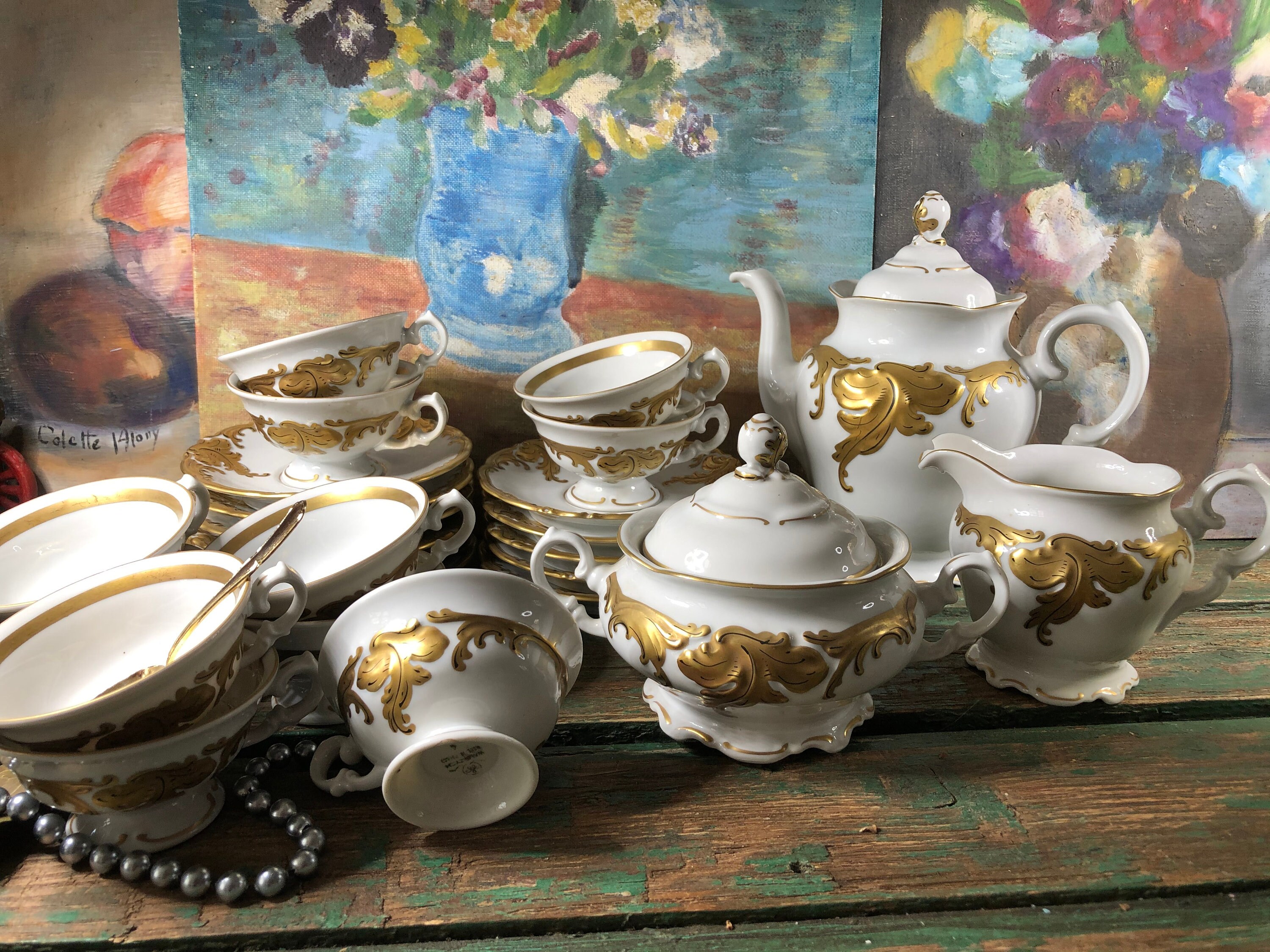 Service à Café Wakbrzych Porcelain - Decor Or Fabriqué en Pologne 11 Tasses