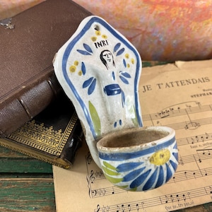 19th Century Faience Holy Water Font with Christ in Relief and Floral Basin Decoration