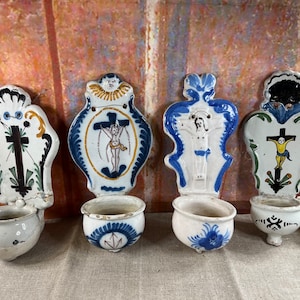 Antique French Holy water font stoup Benitier polychrome porcelain Lourdes souvenir, crucifix Jesus Christ memorabilia