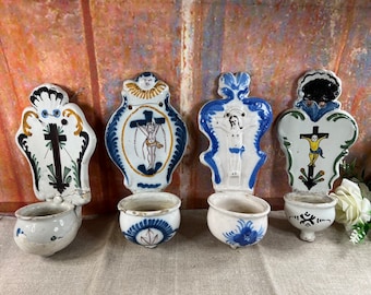 Antique French Holy water font stoup Benitier polychrome porcelain Lourdes souvenir, crucifix Jesus Christ memorabilia