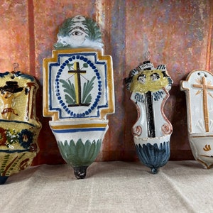 Antique French Holy water font stoup Benitier polychrome porcelain Lourdes souvenir, crucifix Jesus Christ memorabilia