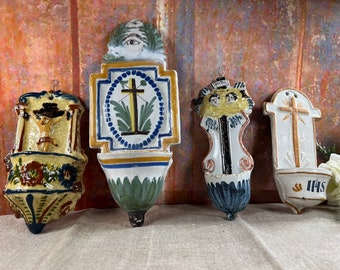 Antique French Holy water font stoup Benitier polychrome porcelain Lourdes souvenir, crucifix Jesus Christ memorabilia