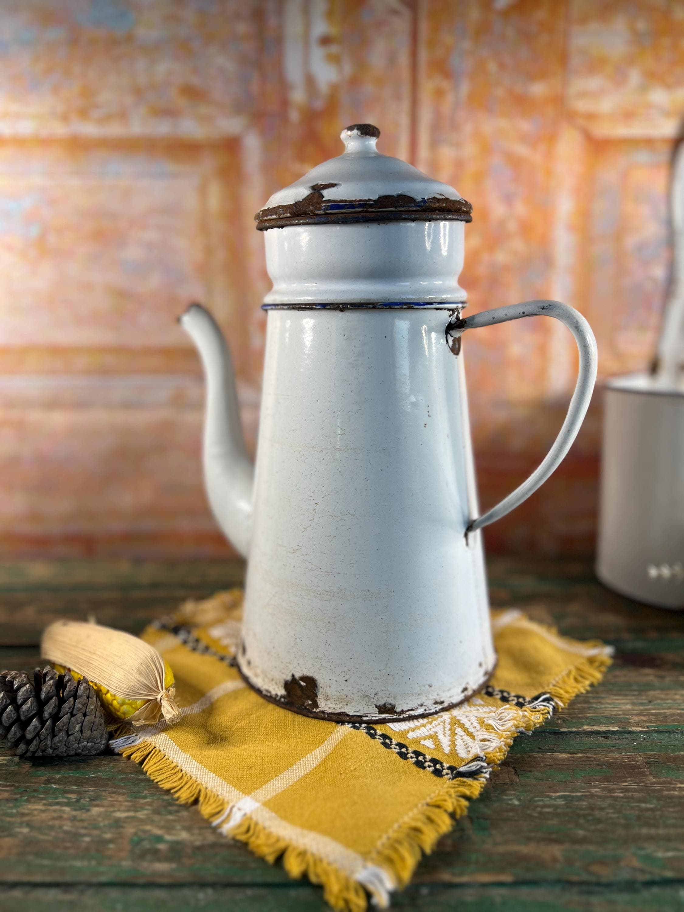 Antique French Enamelware Coffee Pot, Shabby Chic Farmhouse Decor