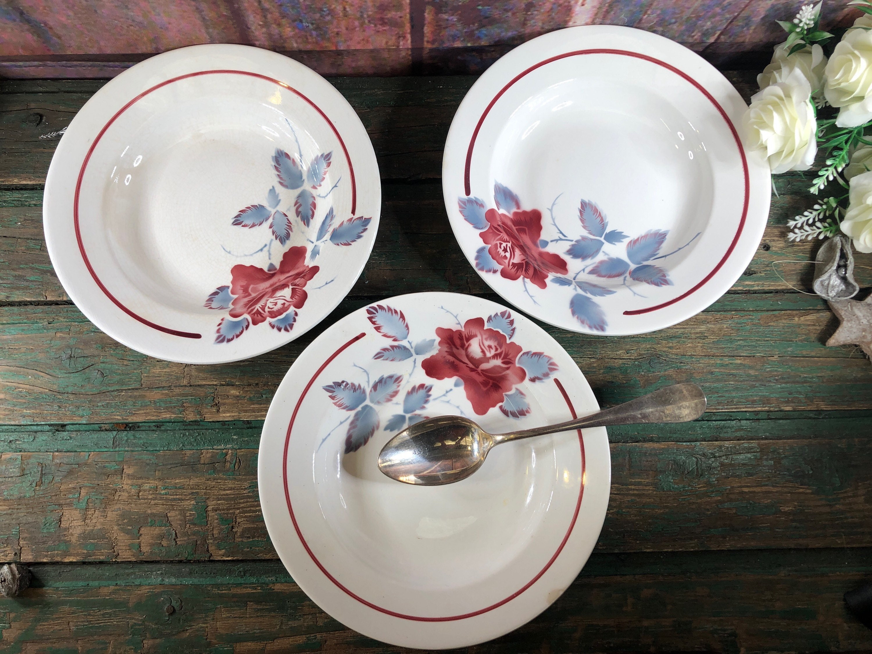 3 Assiettes à Soupe Fleur Rose Digoin Model Sobral