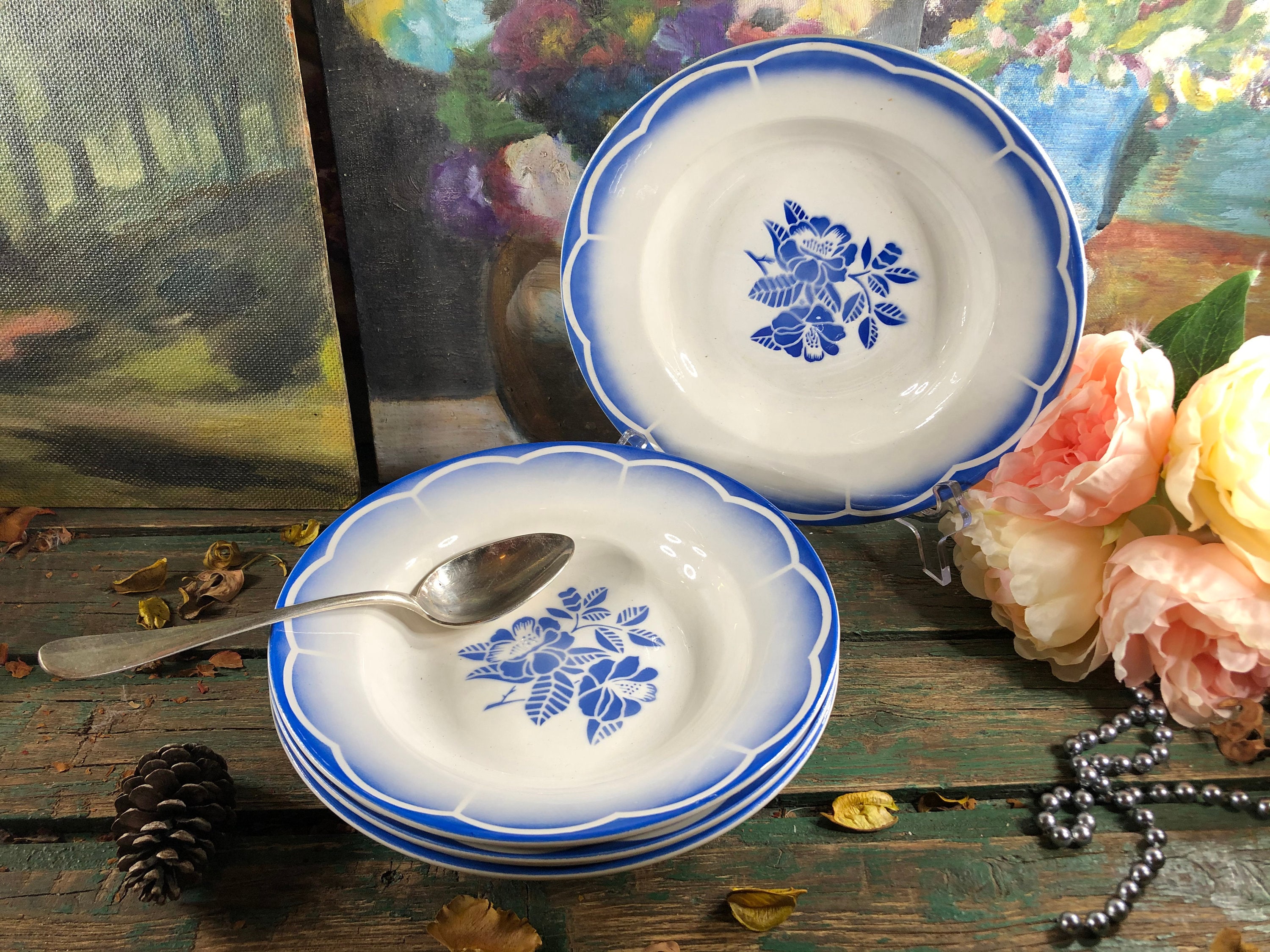 4 Assiettes Creuses Fleurs Bleues Digoin Sarreguemines