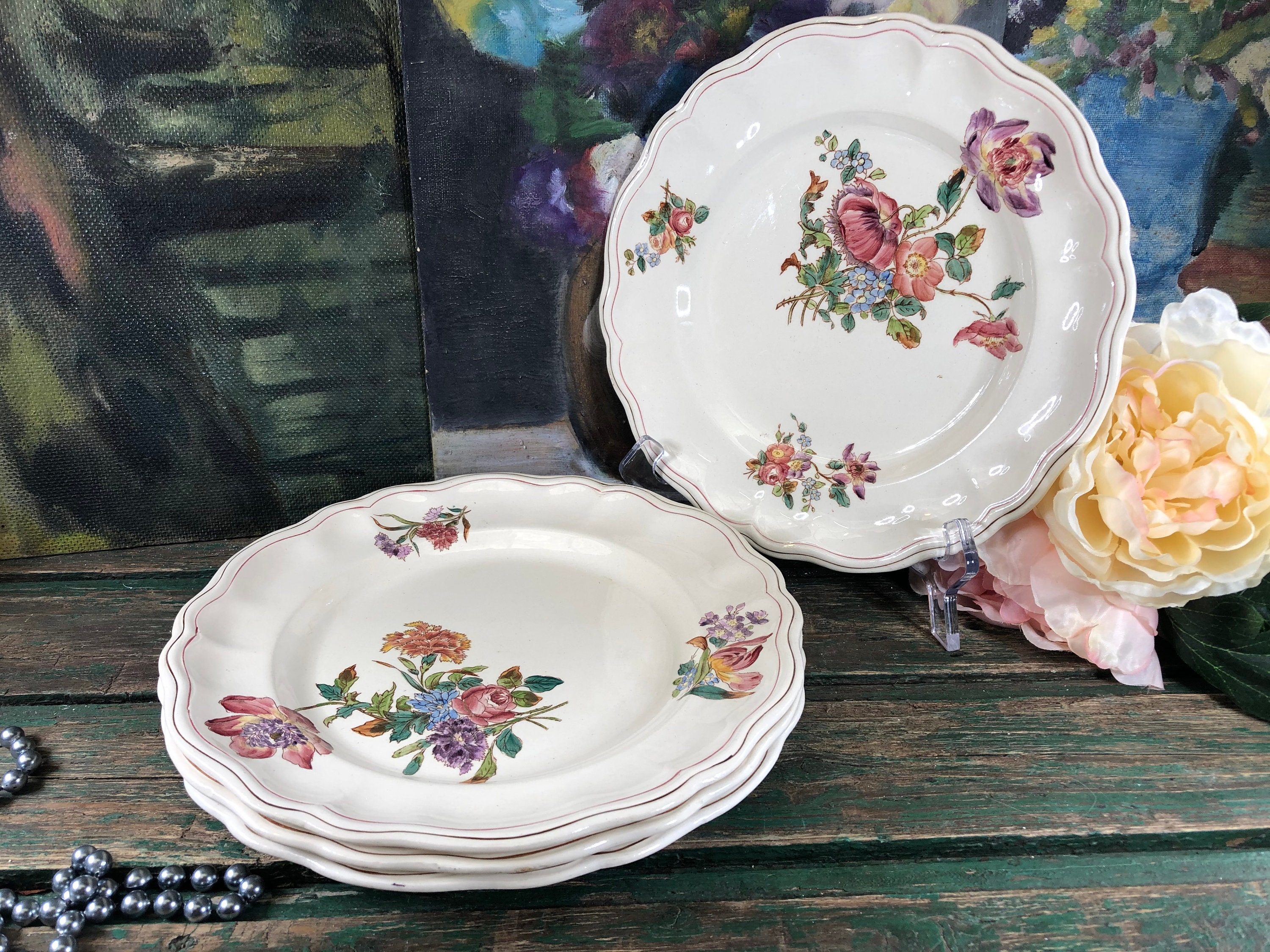 4 Assiettes Plates avec Fleurs de La Manufacture Longchamp France