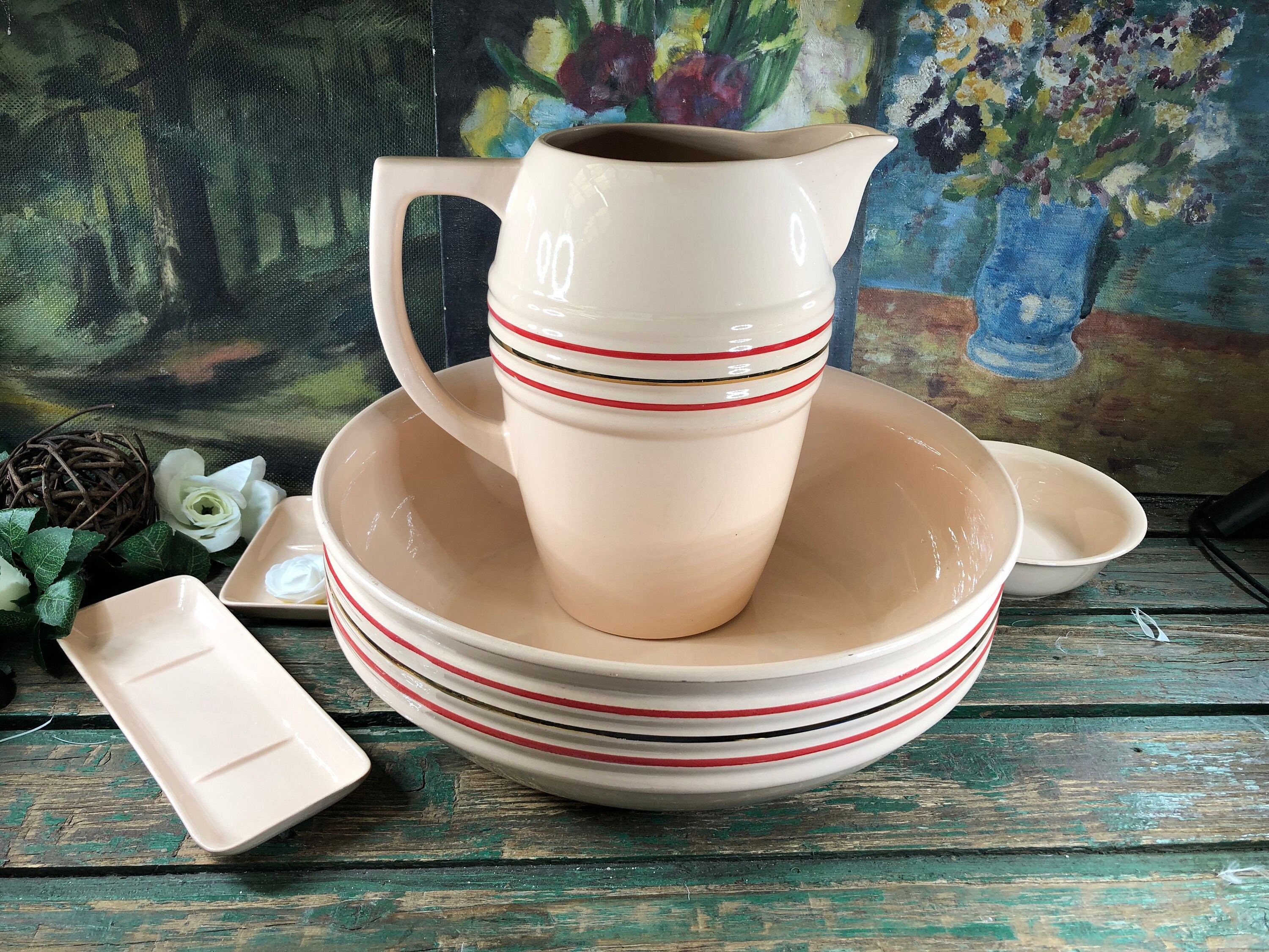 Set de 5 Pieces Ensemble Toilette Broc Bassine Rose Digoin Sarreguemines avec Porte Savon