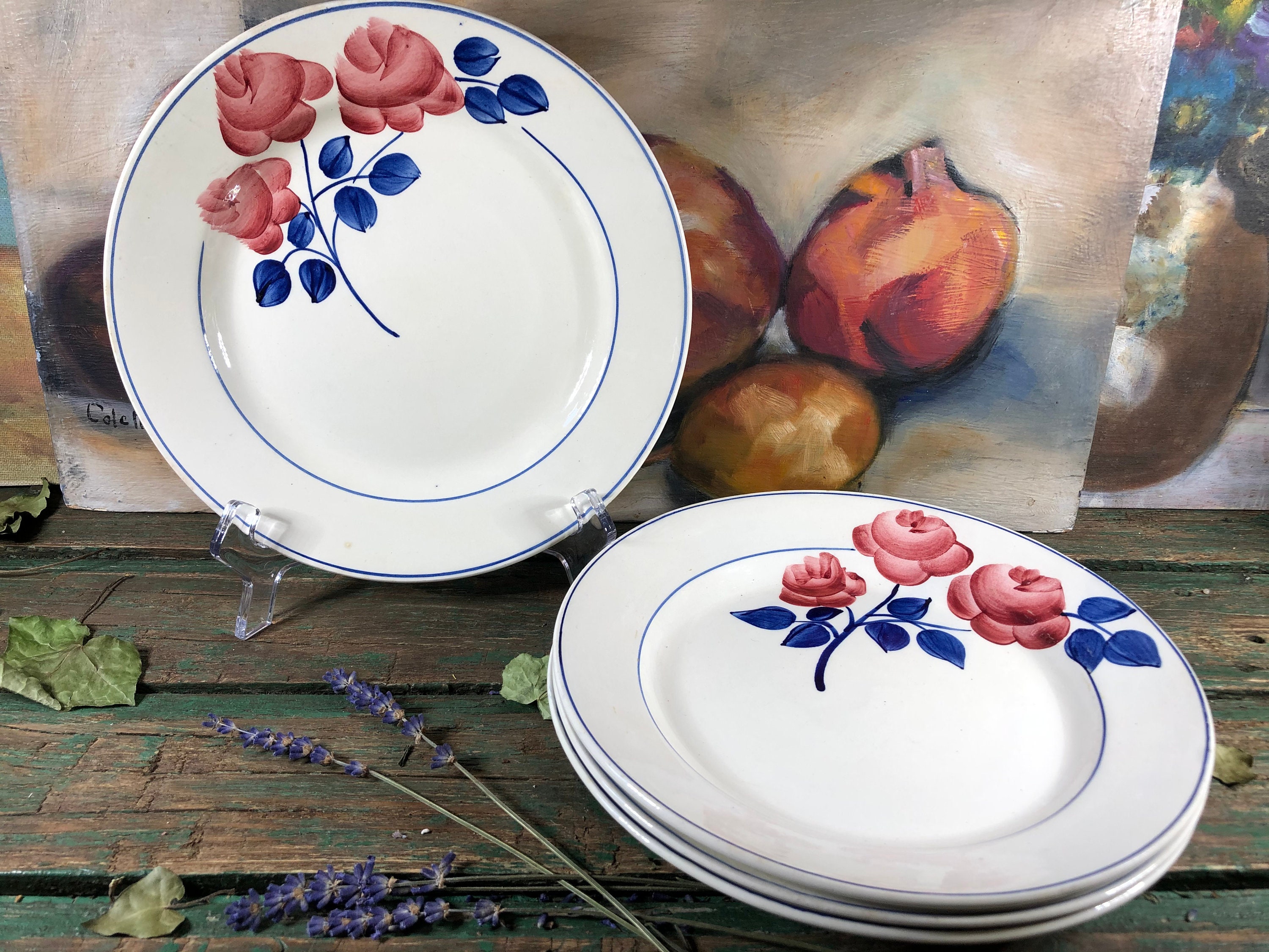 4 Assiettes Plates Vintages Fleur Rose Rouge