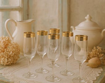 Vintage French Champagne Flutes Set – Gold Rimmed Etched Glass, Art Deco