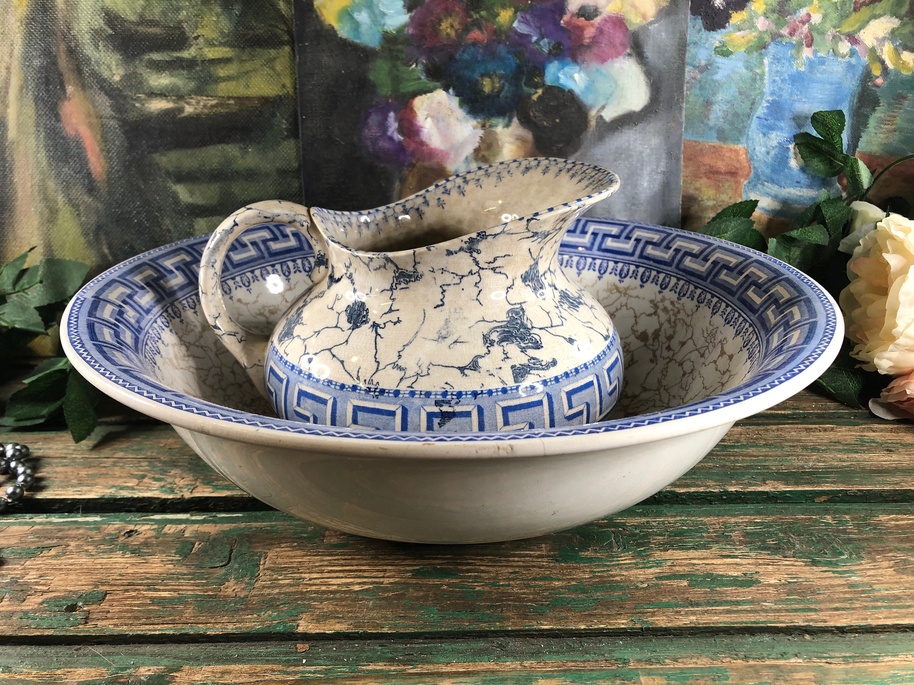 Ensemble de Toilette Blanc et Bleu Sarreguemines Tolosa, Bassine Pichet Bleu