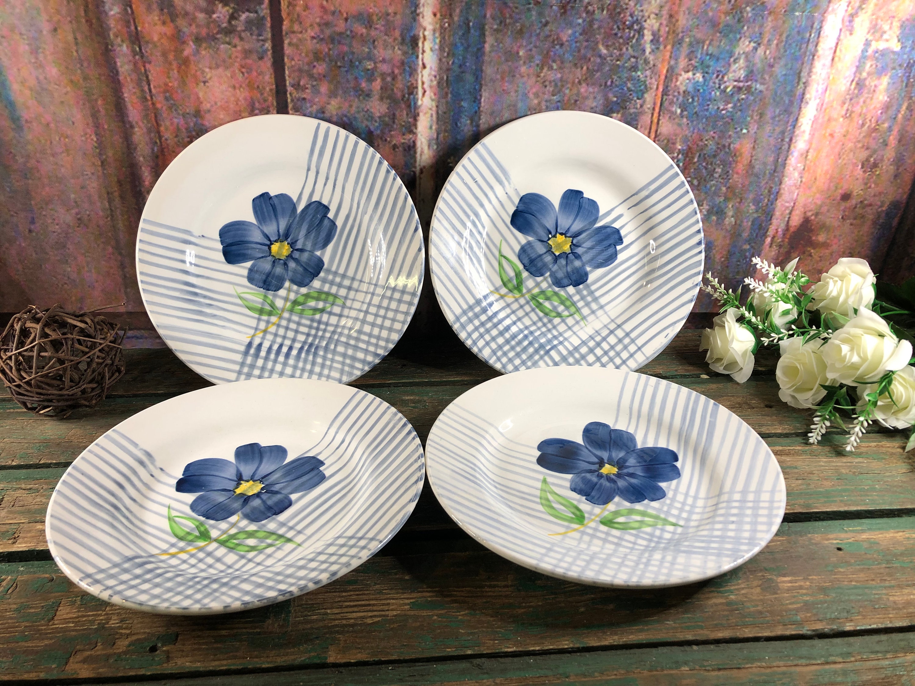 4 Assiettes Plates Digoin Sarreguemines Modele Valentin Assiette Vintage Fleur Bleu