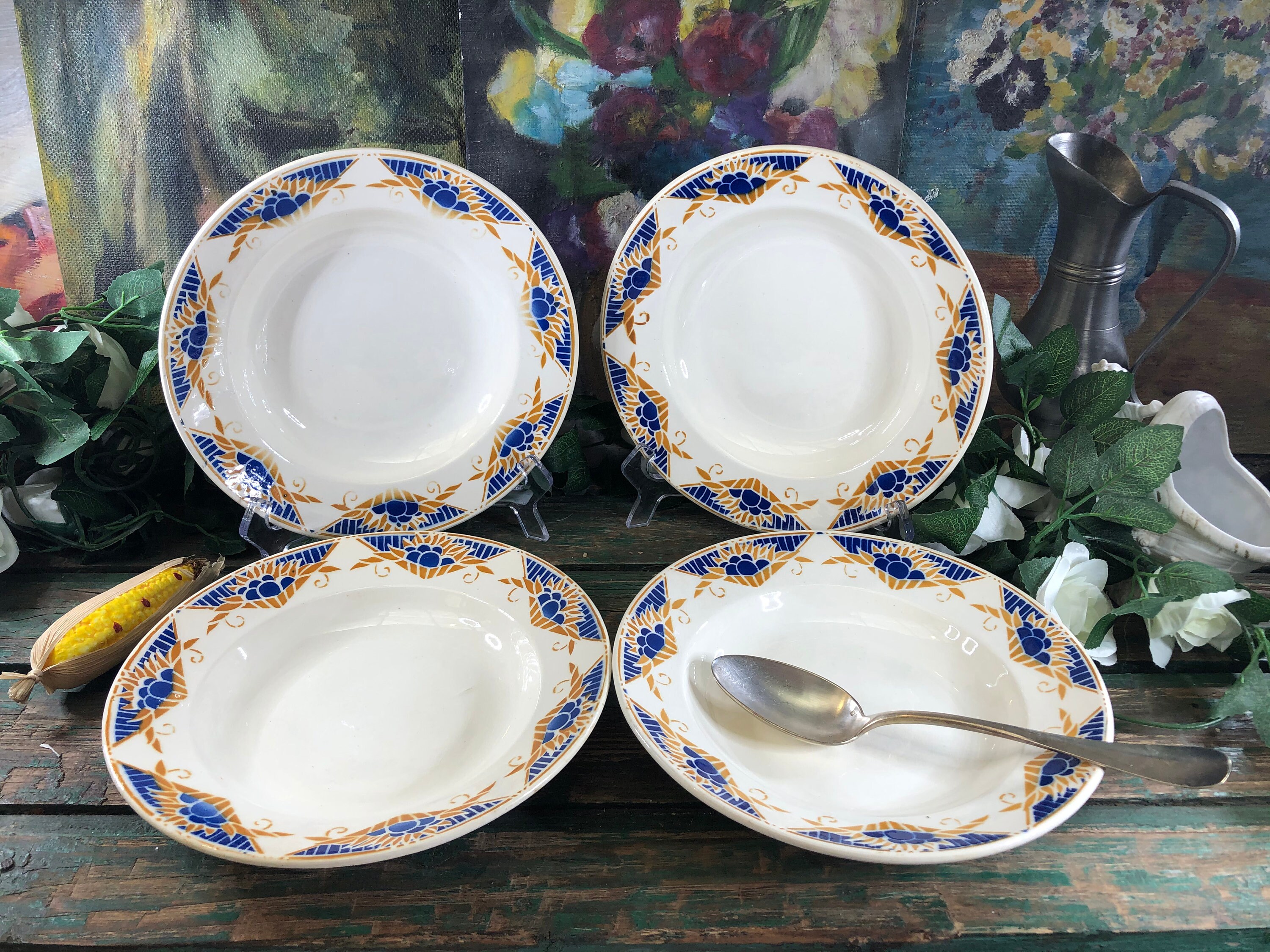 4 Assiettes Creuses Vintage Art Déco Badonviller Modèle Eventail 1900