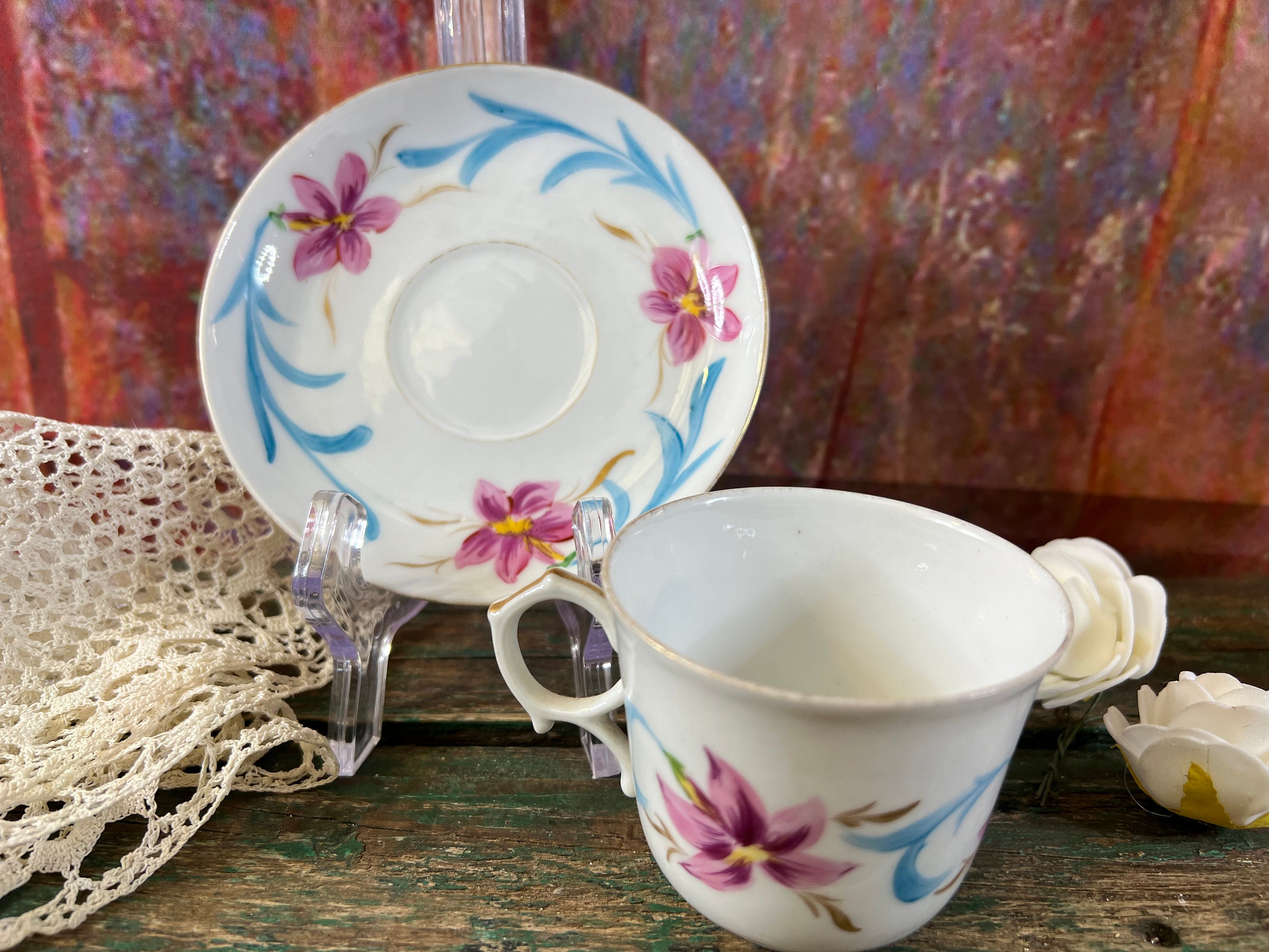 Lot De 6 Tasses à Thé Vintage Porcelaine Blanche - Motif Fleurs Lilas Shabby Chic