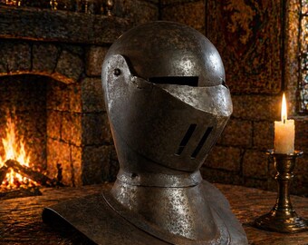 Casco de caballero medieval con máscara de hierro – Decoración de castillo gótico – Yelmo de armadura renacentista – Exhibición de fantasía oscura – Estilo Juego de Tronos