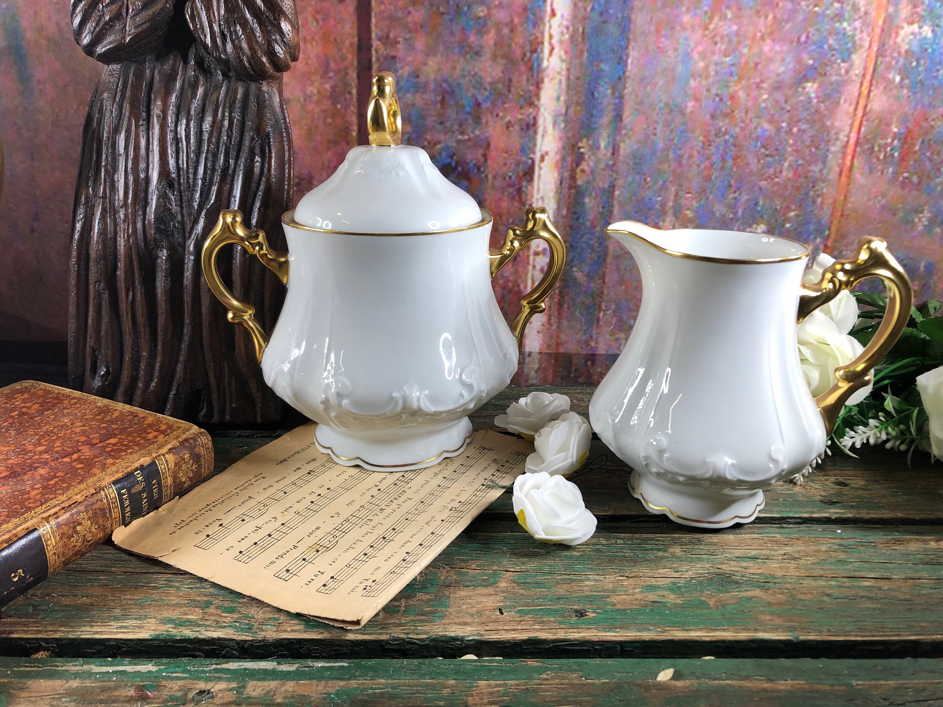 Grand Sucrier et Pot Lait Blanc Doré en Porcelaine de Limoges