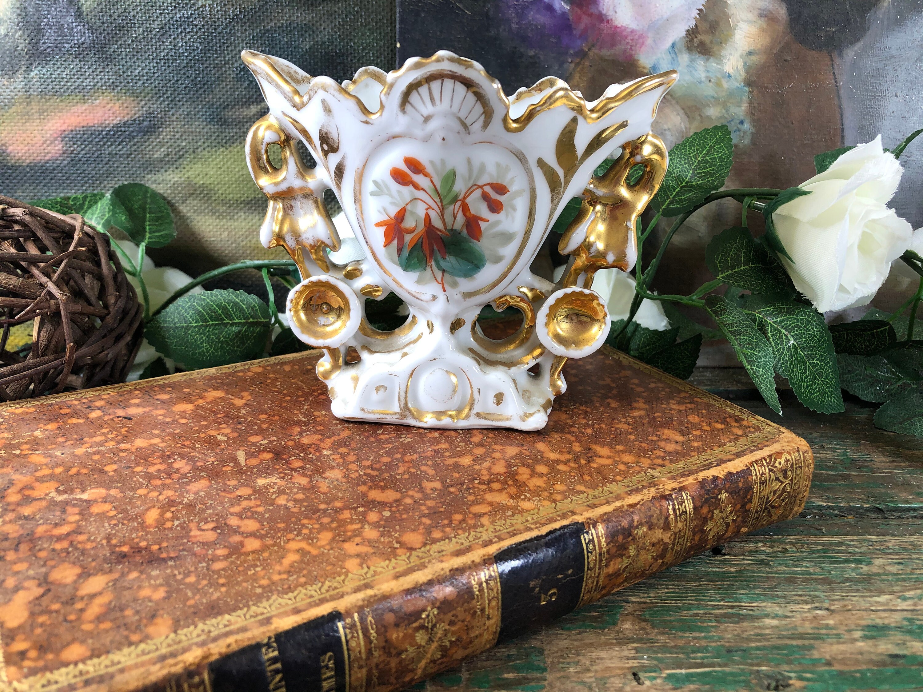 Petit Vase de Mariée Dorée avec Fleur 19Ème