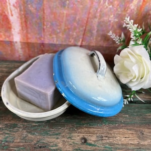 Vintage blue enamelled soap dish with lid