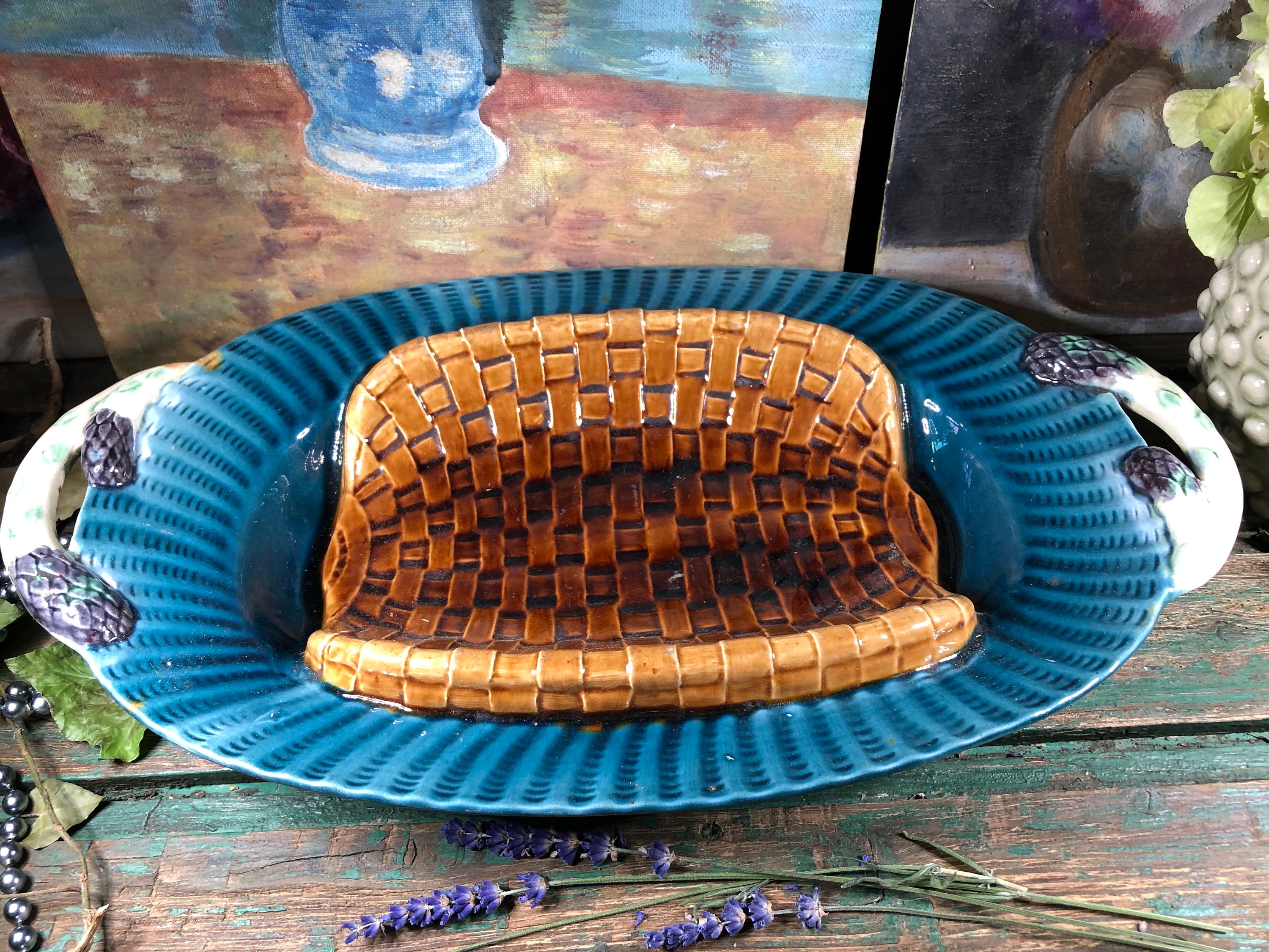 Plat à Asperges Barbotine Creil et Montereau, Asperge, Plat Vintage, Fin 19Eme