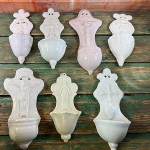Antique French Holy water font stoup Benitier polychrome porcelain Lourdes souvenir, crucifix Jesus Christ memorabilia
