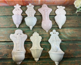 Antique French Holy water font stoup Benitier polychrome porcelain Lourdes souvenir, crucifix Jesus Christ memorabilia