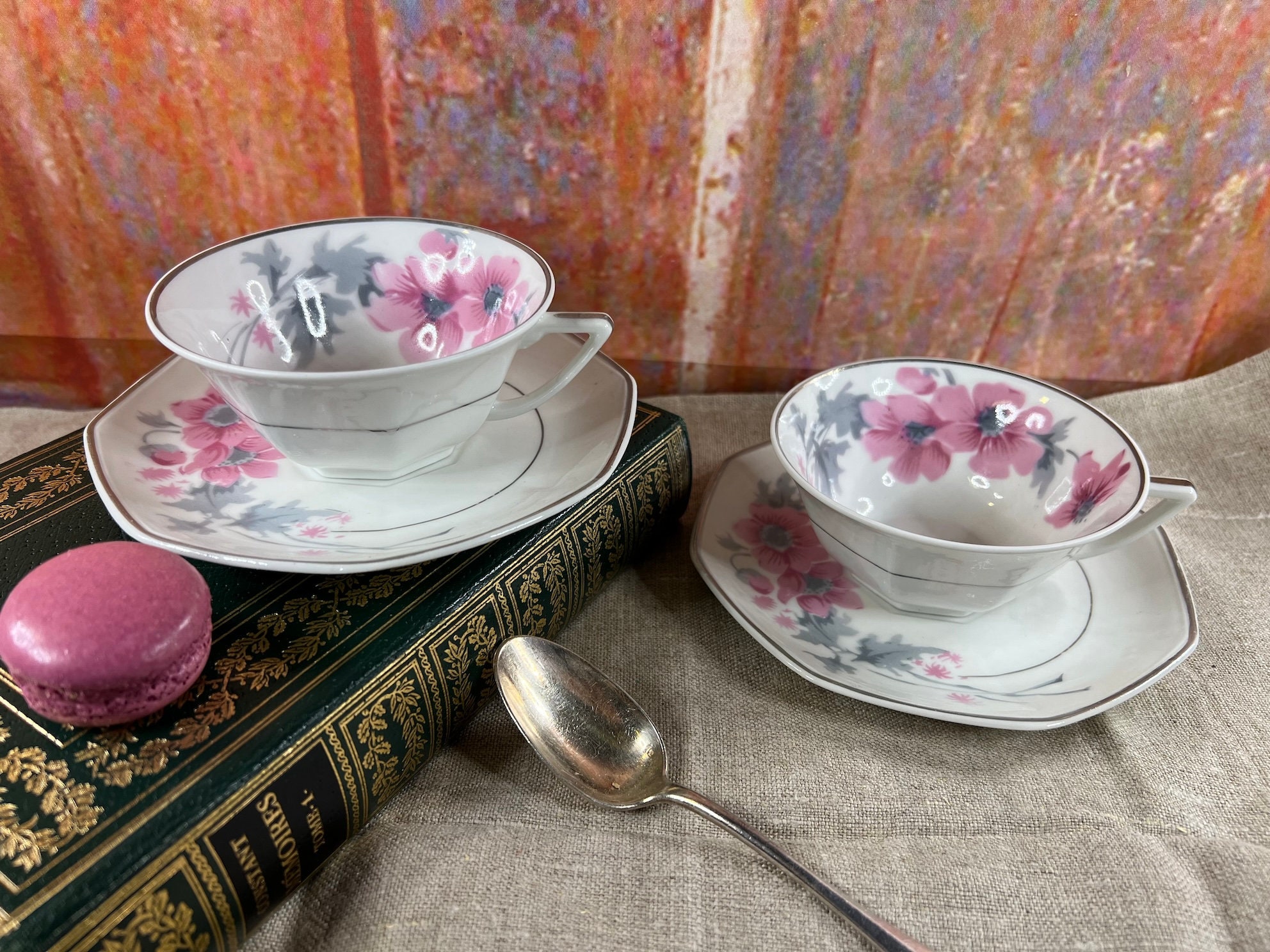 Set tea cups porcelain Limoges France with pink flowers